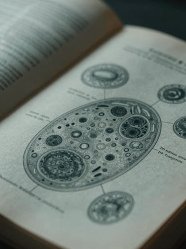 Macro photograph of vintage medical journal pages, open to a diagram of microscopic organisms, low-key cool-toned lighting, high contrast.