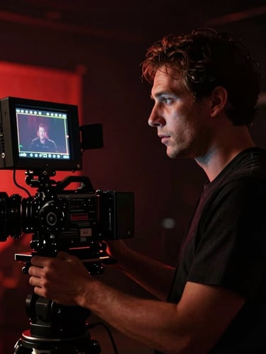 Cinematic portrait of a film director looking at a high-end camera monitor on a dark movie set, dramatic low-key lighting with a sharp crimson backlight, 35mm film style.