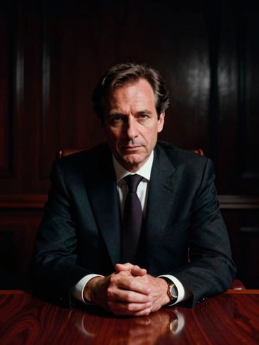 Cinematic low-key portrait of a powerful French CEO in a dark boardroom, dramatic rim lighting, high-contrast chiaroscuro, deep shadows, 35mm film.