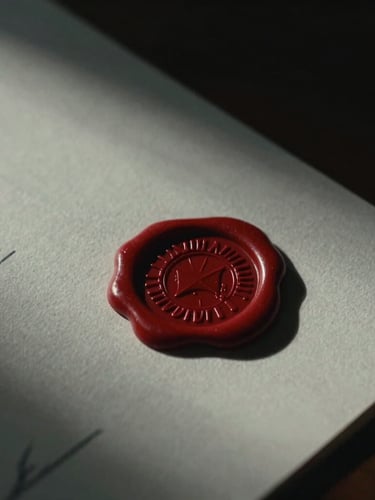 Close-up of a premium heavy textured paper certificate with a red wax seal, dramatic low-key lighting, deep shadows, cinematic 35mm film.