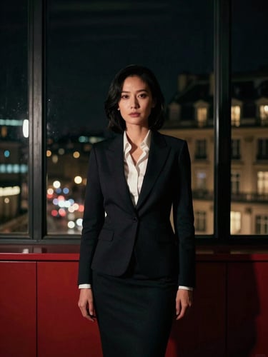 Cinematic portrait of a female executive in a high-end Parisian office at night, dramatic window reflections, sharp focus, low-key lighting.