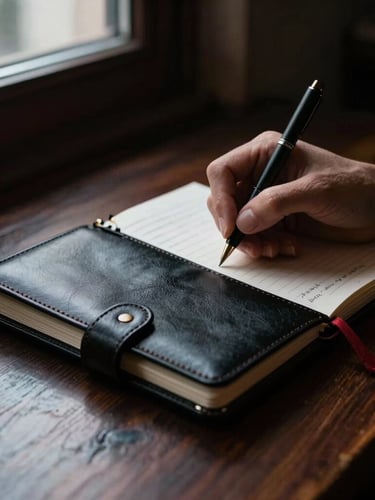 Close-up of hands writing strategic notes in a premium black leather notebook on a dark wooden table, dramatic side window light, deep shadows, shallow depth of field