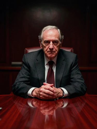 Cinematic portrait of a senior board executive in a low-key chiaroscuro lit boardroom, deep shadows, rich crimson red light reflecting on dark wood table, shallow depth of field, 35mm film.