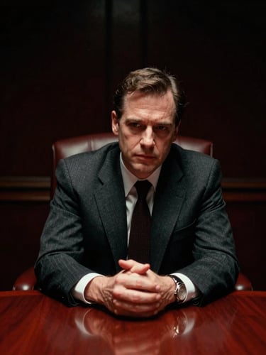 Cinematic portrait of a focused executive in a dark boardroom, dramatic low-key chiaroscuro lighting, deep blacks and rich crimson accents, 35mm film