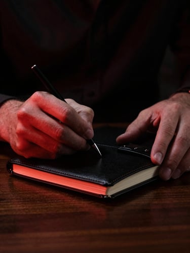 Cinematic close-up of hands writing in a premium black leather notebook on a dark wooden desk, dramatic low-key lighting with a subtle crimson glow
