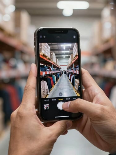 Close-up shot of hands holding a smartphone displaying real-time photos of second-hand clothes, bright warehouse background.