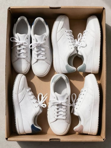 Bright daylight flat lay of five pairs of clean second-hand sneakers neatly arranged inside a cardboard wholesale box, neutral background.