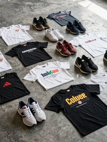 Flat lay of multiple branded second-hand sneakers and streetwear t-shirts on a grey concrete floor, bright direct warehouse lighting, high clarity side-profile view.