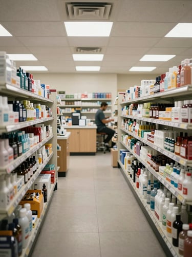 Interior wide shot of a well-lit dispensary retail floor — organized shelving with clearly labeled product displays, clean countertops, bright clinical overhead lighting, no customers in frame, staff member visible in background engaged in restocking, matter-of-fact documentary framing