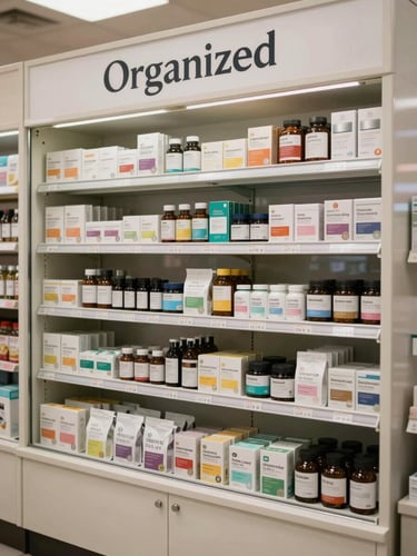 Organized interior dispensary display case viewed from the front, well-lit with overhead retail lighting, product labels and packaging clearly visible, no customers or staff in frame, clean and uncluttered