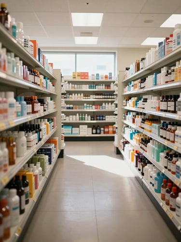 Interior wide shot of a clean dispensary retail floor under bright natural light, organized shelving with clearly labeled product displays along the wall, no customers in frame, straight-on environmental framing, clinical retail lighting