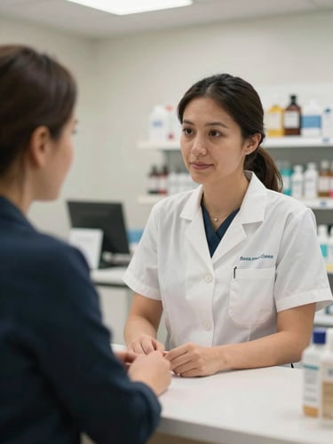 Close environmental shot of a dispensary staff member at a consultation counter, engaged in conversation posture leaning slightly forward, hands visible on the counter surface, bright clinical retail lighting, no eye contact with camera, genuine work context