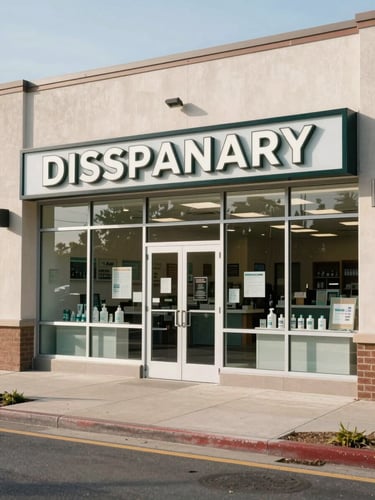 Wide environmental shot of a clean retail dispensary storefront exterior on Middleton Lane, Bethesda, photographed at midday with natural daylight — glass facade, professional signage clearly visible, sidewalk in foreground, no people, matter-of-fact framing