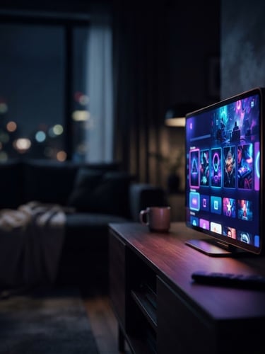 Modern streaming device displaying Qanawatuk interface, sleek design, glowing screen, in a low-light living room at night, cinematic interior photography, neon screen glow, deep blues and purples, shallow depth of field, 35mm, positioned to the right.