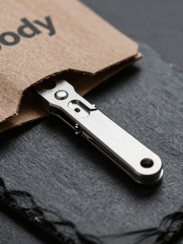 Moody product photography, directional side-lighting, close-up macro shot of a machined metal pocket tool and its heavy cardboard packaging on a dark slate surface, sharp focus, 50mm