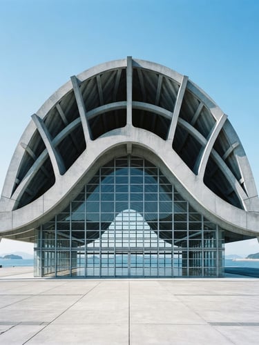 Symmetrical minimalist architectural photography of a concrete and glass pavilion, crisp daylight casting sharp shadows, cool blue tones, 35mm lens