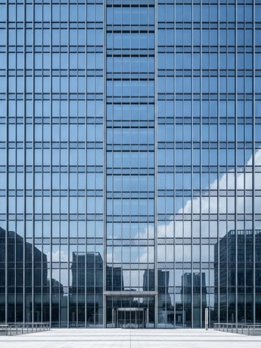 Symmetrical architectural shot of a modern glass facade reflecting a bright, clear sky, cool blue tones, sharp focus, 35mm lens
