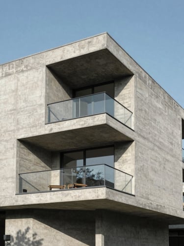 Wide-angle architectural elevation of a modern brutalist concrete residence, sharp daylight, high-contrast shadows, raw concrete texture, 35mm