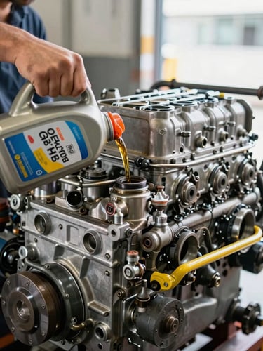 Close-up of a mechanic pouring fresh motor oil into a heavy-duty commercial truck engine, bright workshop lighting, metallic textures