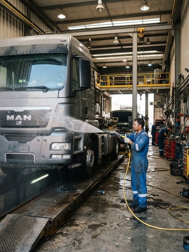 Wide-angle environmental shot of an active vehicle service bay in Ajman, high-pressure water spray on a dark truck, metallic silver and safety yellow tones, bright workshop lighting