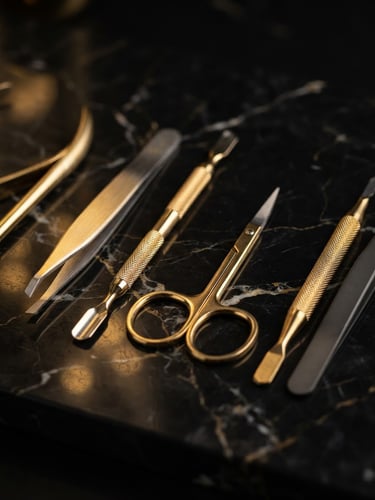 Close-up of high-precision beauty tools on a black marble surface, soft golden light reflections, luxury editorial style, 35mm lens