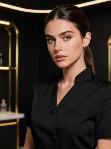 Full portrait of Jessika Ruiz in a sleek black designer uniform, working in an ultra-modern gold-accented clinical studio, macro detail, luxury editorial photography.