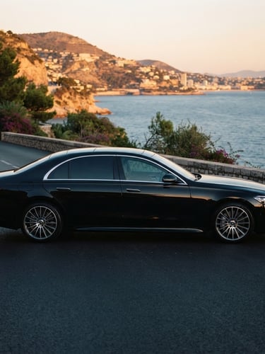 Cinematic side profile of a pristine black Mercedes-Benz S-Class parked on a quiet coastal road in Nice at dusk, golden hour reflections on the polished black metallic surface, deep shadows, anamorphic lens, 35mm