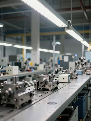 Wide environmental shot of a clean modern assembly line in a Dutch manufacturing plant, sharp overhead industrial light, metal components in focus on a workstation.