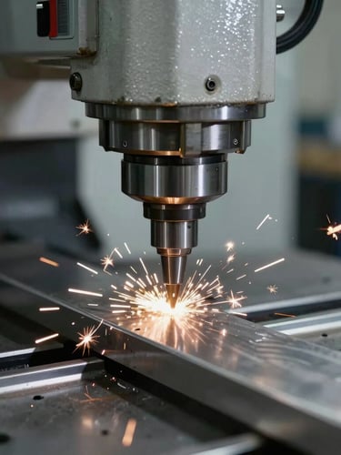 Close-up of a high-precision CNC milling machine cutting steel, bright sparks flying, clean metallic surfaces, realistic industrial workshop lighting.