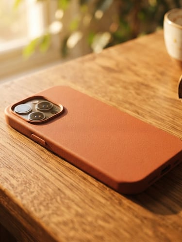 Close-up of a terracotta phone case on a sunlit wooden desk, shallow depth of field, warm golden-hour window light, rich saturated tones, tactile textures.