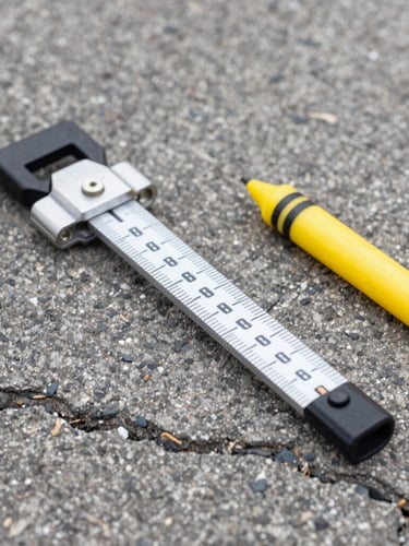 Close-up of measuring tools and a yellow marking crayon on cracked asphalt pavement, showing technical site assessment details.