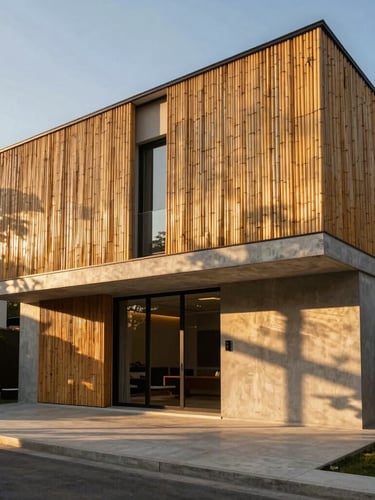 Wide-angle architectural shot of a luxury villa facade featuring sleek bamboo cladding, dramatic golden hour sun casting sharp linear shadow patterns on concrete