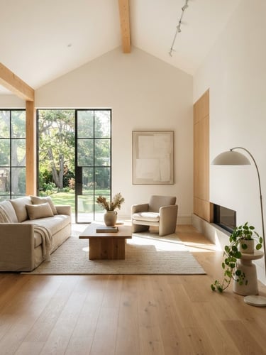 Wide-angle view of a finished, sunlit modern living room with clean lines and warm neutral tones, natural light streaming through large windows, showcasing architectural precision. A comfortable sofa is subtly placed to the left, with generous negative space to the right.