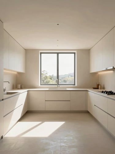 Wide-angle architectural shot of a minimalist, sunlit kitchen with warm neutral tones, clean lines, and high-end finishes, natural window daylight, sharp focus, 35mm