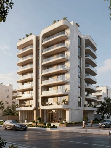 Symmetrical low-angle photograph of a modern stone residential tower in Damascus at golden hour, deep shadows, warm light reflecting off brushed brass details