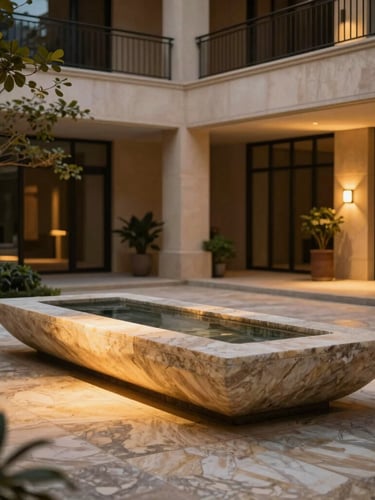 An elegant interior courtyard garden at dusk, warm low-key lighting highlighting a minimalist stone water feature and polished basalt paving