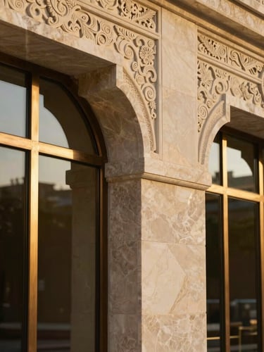 A dramatic close-up of hand-carved Syrian basalt stone integrated with sleek bronze-framed glass panels, warm golden-hour side light.