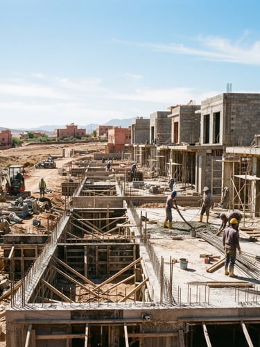Image panoramique d'un chantier de construction marocain moderne, avec des fondations en béton armé et des ouvriers en équipement de sécurité, sous un soleil éclatant, ombres nettes, 35mm