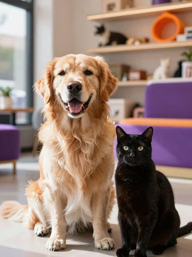 A happy golden retriever and a sleek black cat sitting together in a stylish, modern pet boutique, natural daylight, warm tones, shallow depth of field, eye-level shot.