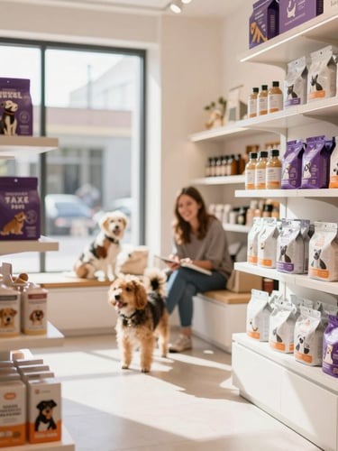 Modern pet boutique interior, clean design, curated premium pet products displayed on elegant shelves, warm natural daylight, a happy customer with their dog in the background, shallow depth of field.