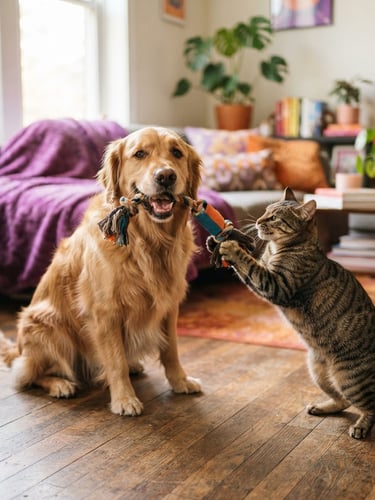 Wide panoramic shot of a happy golden retriever and a playful tabby cat sharing a premium toy, natural daylight, shallow depth of field, vibrant purple and orange accents in background, eye-level framing.