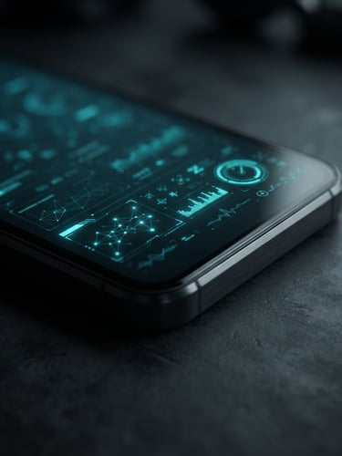 Extreme close-up of a sleek 3D smartphone mockup on a dark surface, glowing electric cyan UI elements on screen, low-key moody lighting, macro depth of field