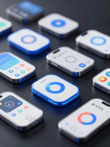 Sleek 3D digital mockup of context-aware Android widgets floating over a dark glass surface, electric blue edge glow, ultra-detailed UI details