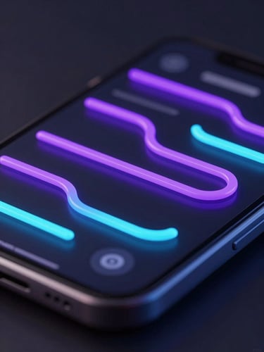Macro depth of field 3D render of a mobile screen showing smooth, fluid gesture paths, glowing violet and cyan lines, dark studio lighting