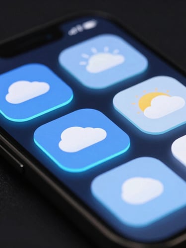 Extreme close-up of a premium smartphone screen displaying a minimalist weather widget, sharp electric cyan edge-glow, dark moody studio lighting, ultra-detailed UI elements, macro depth of field