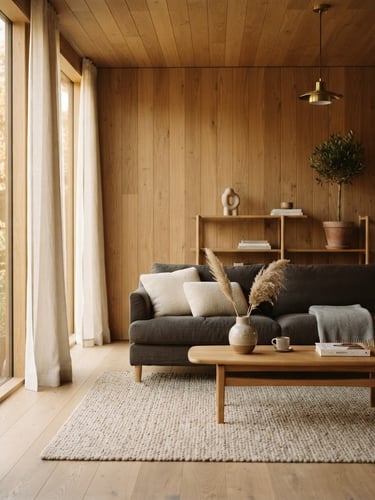 Warm editorial interior photography, a sunlit living room with natural oak paneling, soft linen curtains catching morning light, minimal luxury aesthetic, 35mm lens.