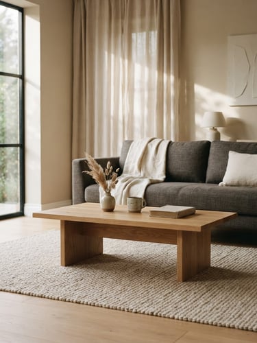 A serene minimalist living room featuring a low oak coffee table, soft natural daylight casting gentle shadows, elegant linen curtains in the background, warm editorial interior photography.