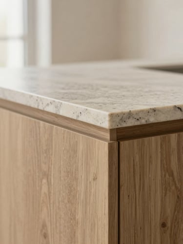 Close-up of premium material textures, raw natural oak grain meeting a slab of honed travertine stone, soft diffused side lighting, shallow depth of field.