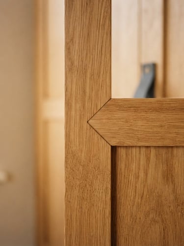 Close-up of a flawless custom wardrobe joint in natural oak, soft morning light, warm minimalist aesthetic