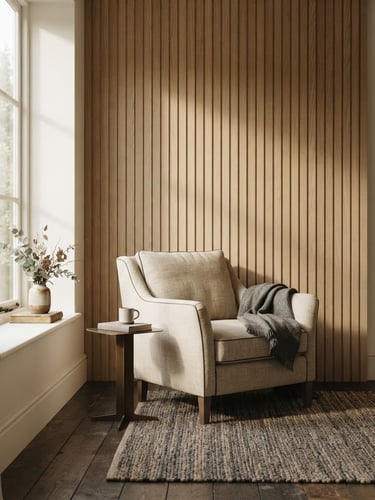 A tall portrait of a minimalist luxury interior, soft natural window light casting gentle shadows on a white oak wall panel and a beige linen armchair, warm-toned minimalist editorial style, 35mm lens